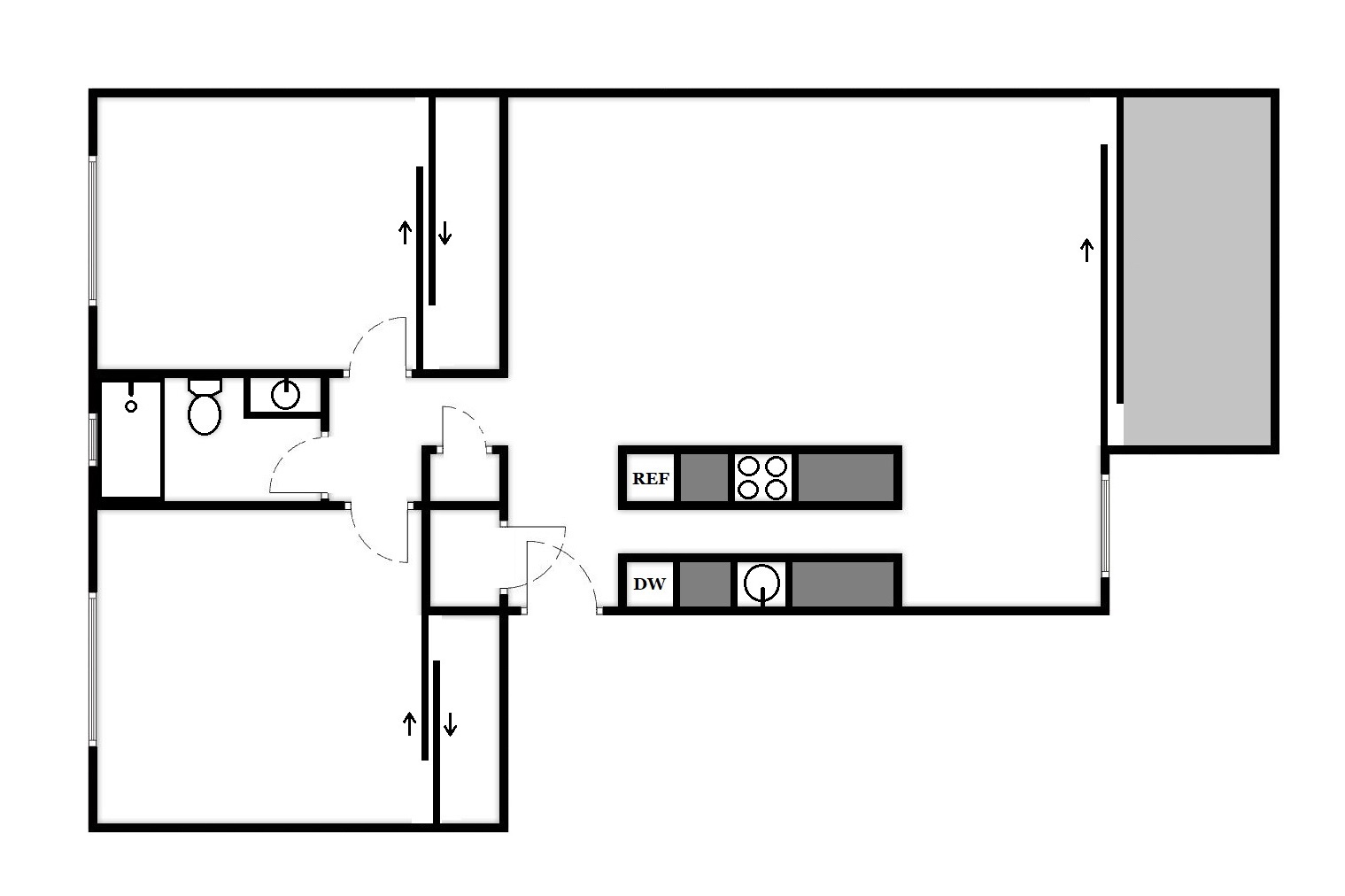 Floor plan for 2 beds, 1 bath, 950 sqft
